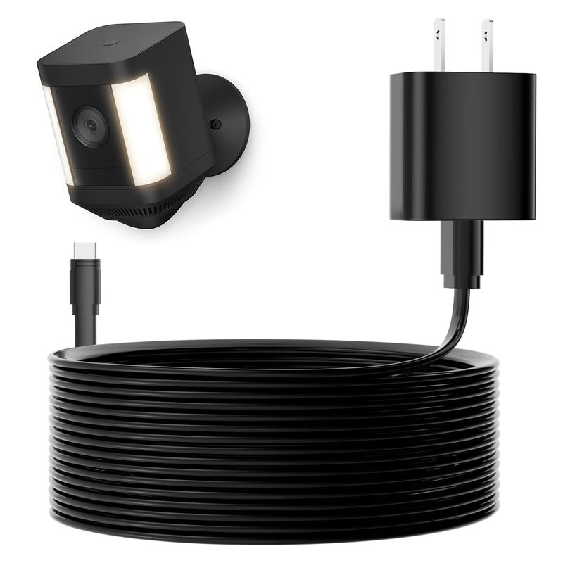 ALERTCAM 25ft USB-C Power Adapter for Spotlight Cam Plus/Pro (Battery) and Outdoor Cam Plus (Battery), Weatherproof Flat Cable for Continuous Power Supply, Black - Image 1
